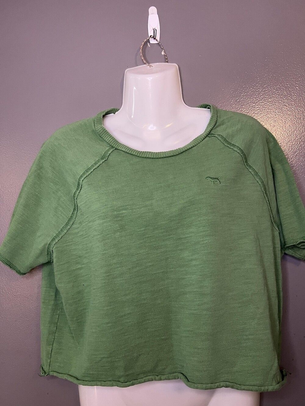 PINK Victoria's Secret Shirt Womens Small Green Cropped Raglan Dog Tee Top
